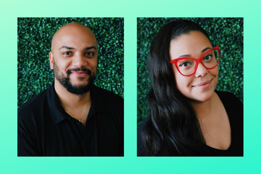 a headshot of a man smiling and a headshot of a women with red glasses smiling, on a seafoam green background.